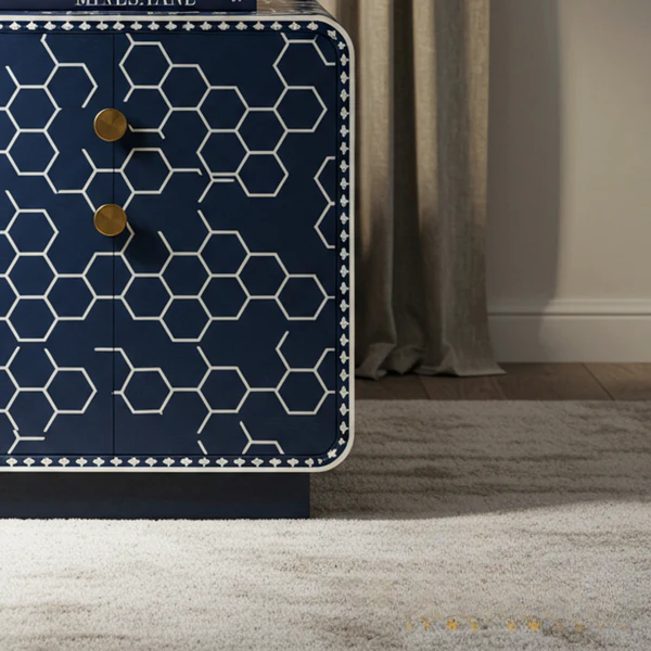 Sideva Navy Blue Geometric Patterned Nightstand