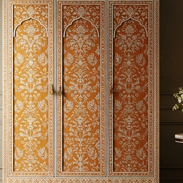 SpaceWoven Handcrafted Wooden Wardrobe with Floral Inlay | Luxury Handmade Wardrobe
