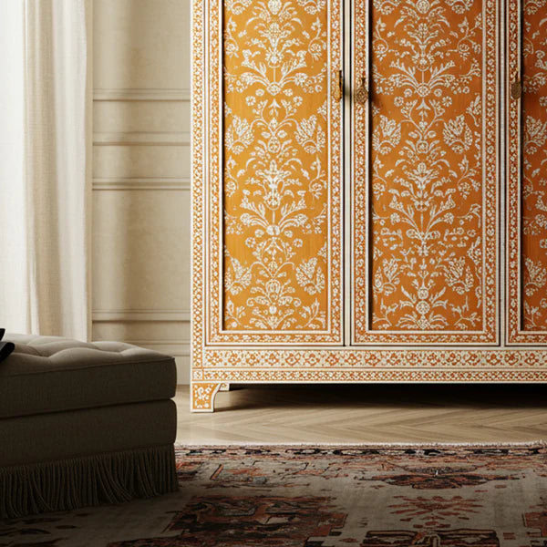 SpaceWoven Handcrafted Wooden Wardrobe with Floral Inlay | Luxury Handmade Wardrobe