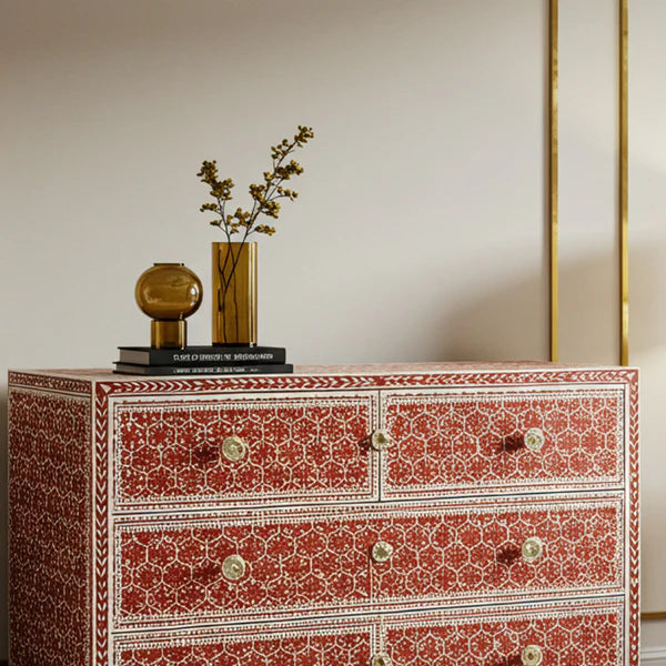 Woodoryn Red and White Patterned Wooden Chest of Drawers