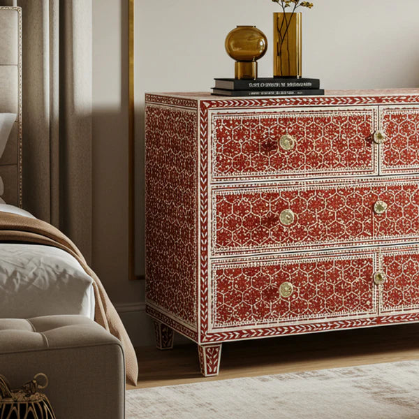 Woodoryn Red and White Patterned Wooden Chest of Drawers