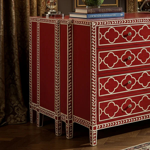 Woodoryn Red Decorative Wooden Chest of Drawers with Inlay Pattern