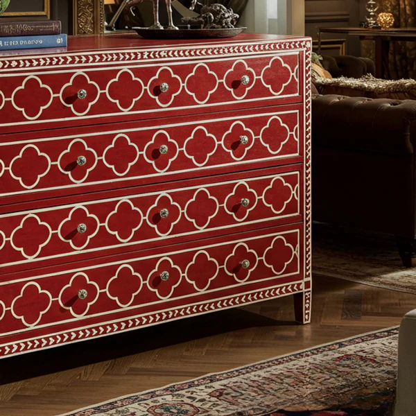 Woodoryn Red Decorative Wooden Chest of Drawers with Inlay Pattern