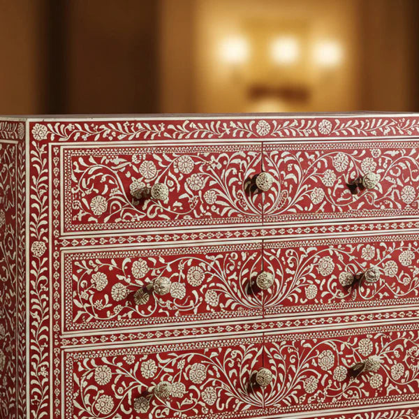 Woodoryn Red Floral Bone Inlay Wooden Chest of Drawers