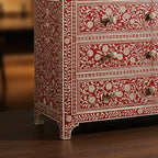 Woodoryn Red Floral Bone Inlay Wooden Chest of Drawers