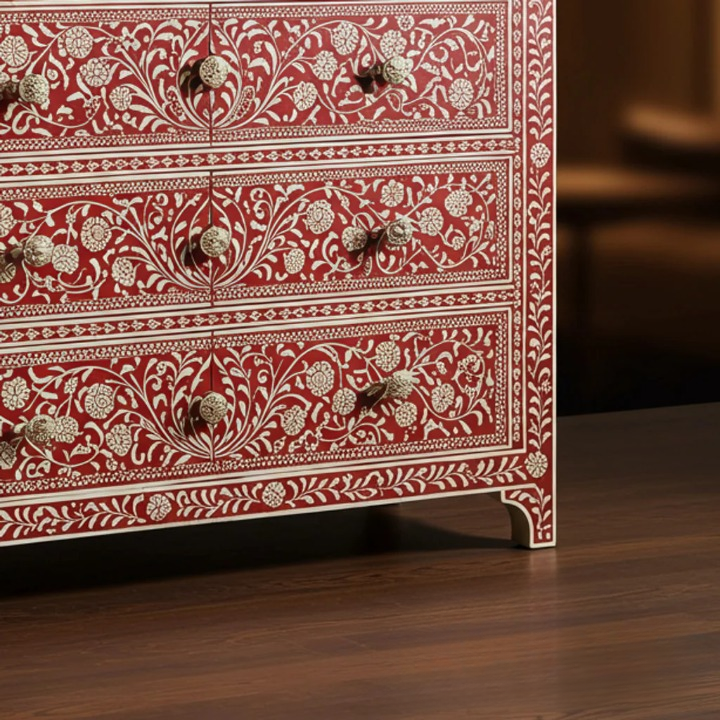 Woodoryn Red Floral Bone Inlay Wooden Chest of Drawers