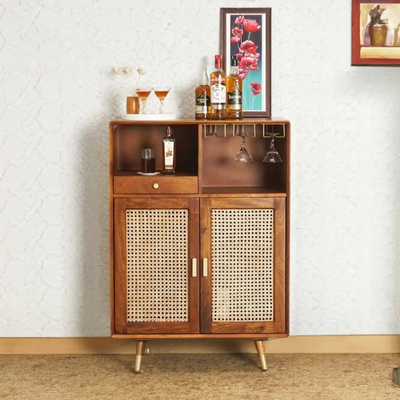 RattanBloom Solid Wood Rattan Cane Bar Cabinet with Glass Holder Storage