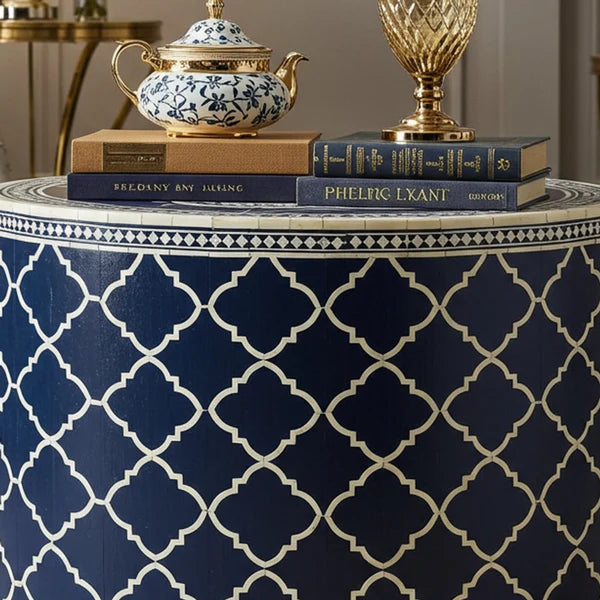 Aromex Round Navy Blue Patterned Accent Table