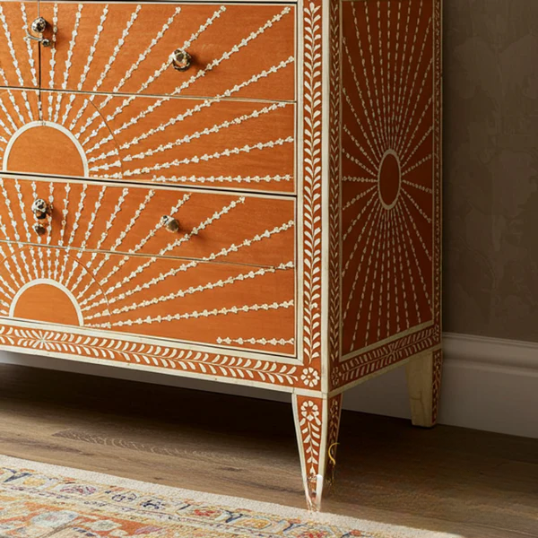 Woodoryn Sunburst Pattern Wooden Chest of Drawers