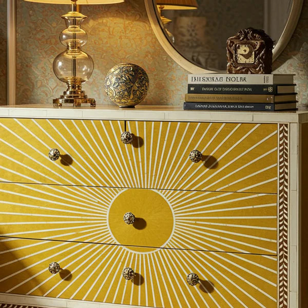 Woodoryn Sunburst Patterned Wooden Chest of Drawers