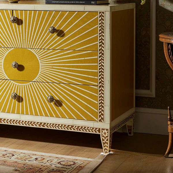 Woodoryn Sunburst Patterned Wooden Chest of Drawers