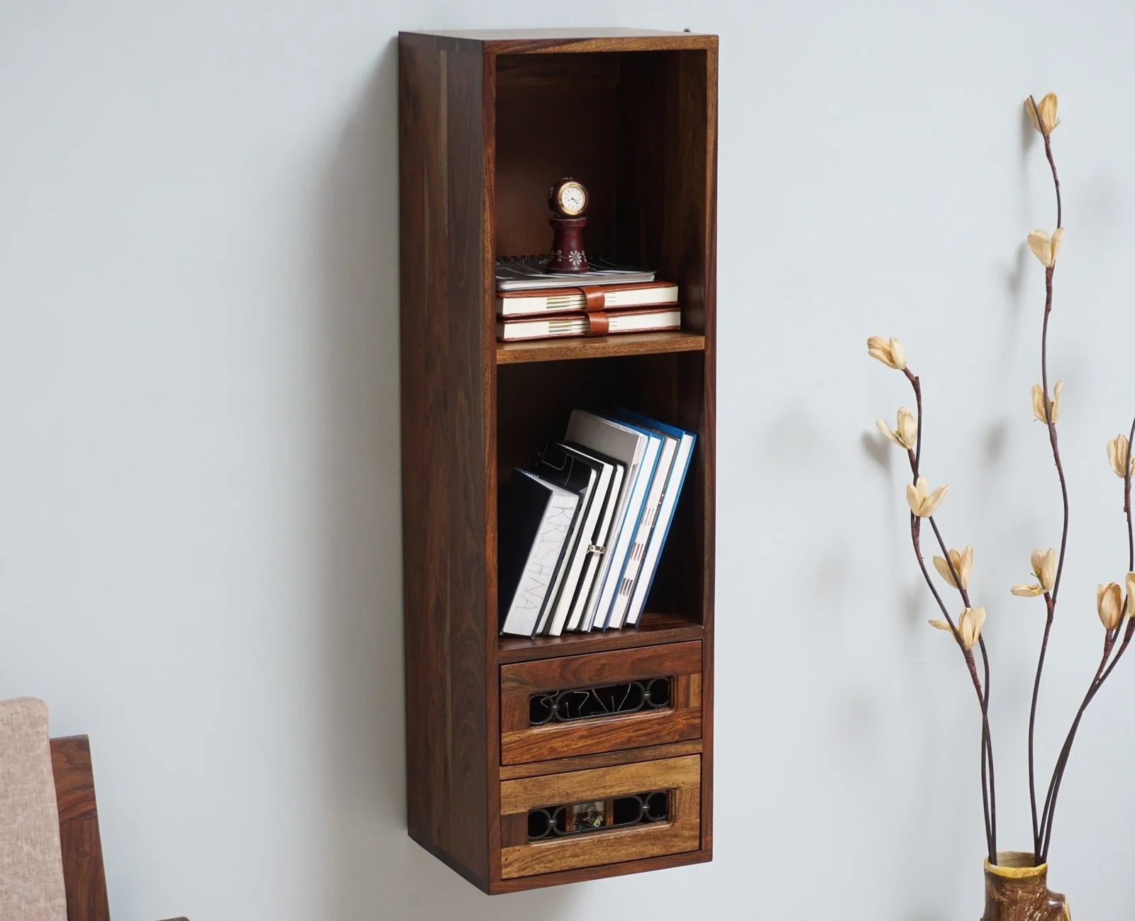 Pinewish Wooden Decor Wall Shelf with Two Drawers