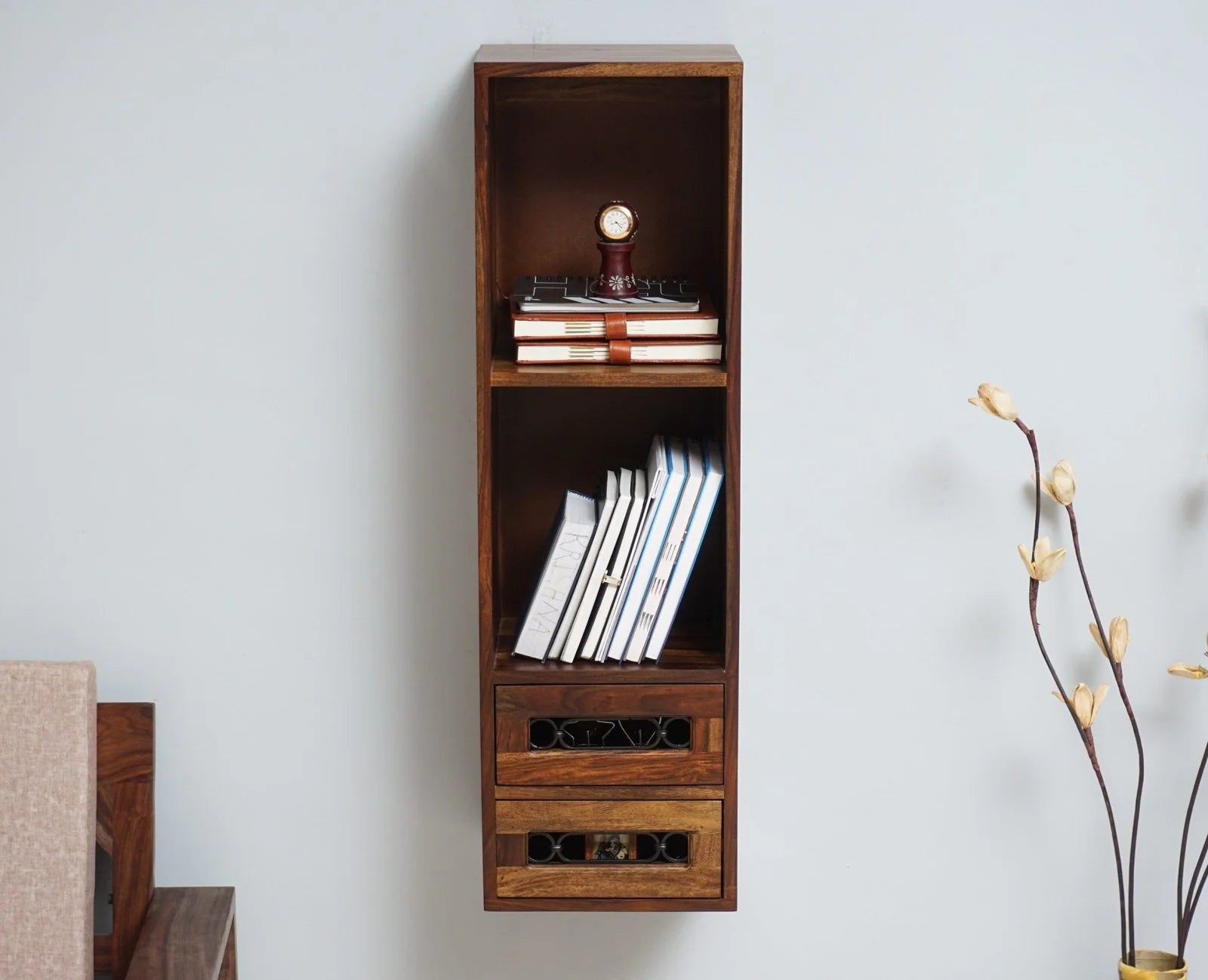 Pinewish Wooden Decor Wall Shelf with Two Drawers