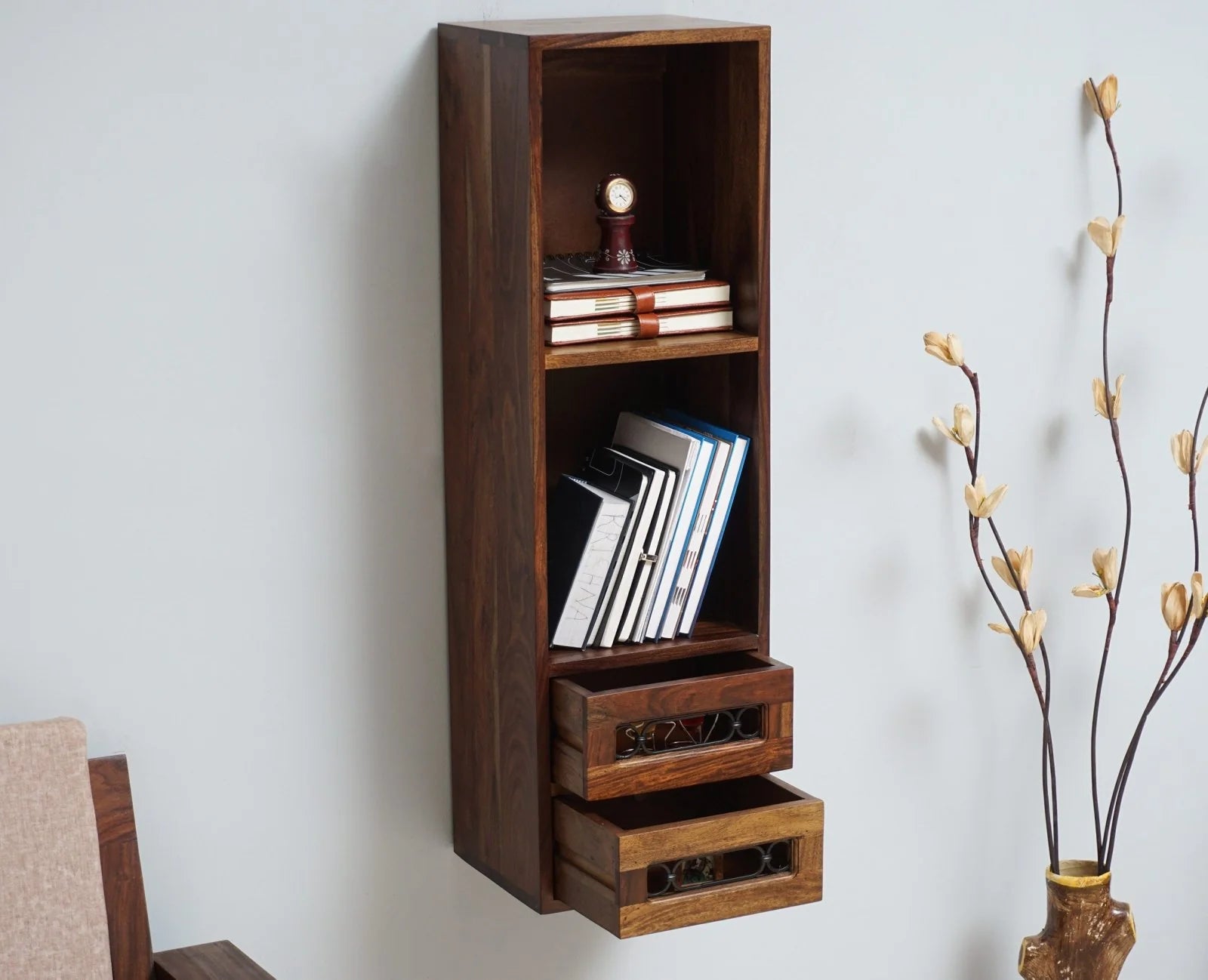 Pinewish Wooden Decor Wall Shelf with Two Drawers