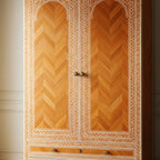 SpaceWoven Vintage Carved Wooden Armoire with Inlay Detailing | Luxury Handmade Wardrobe