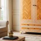 SpaceWoven Vintage Carved Wooden Armoire with Inlay Detailing | Luxury Handmade Wardrobe
