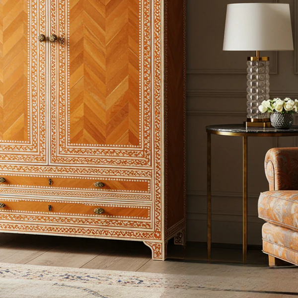 SpaceWoven Vintage Carved Wooden Armoire with Inlay Detailing | Luxury Handmade Wardrobe