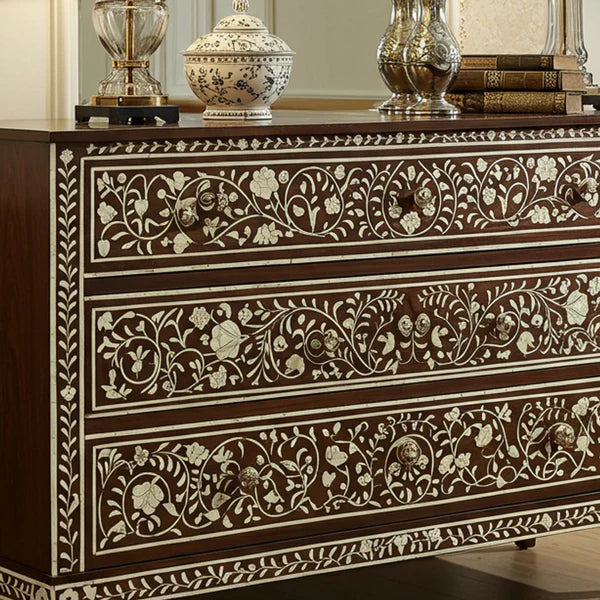 Woodoryn Vintage Floral Inlaid Wooden Chest of Drawers