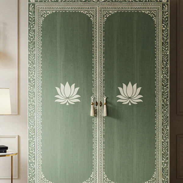 SpaceWoven Vintage Green Painted Wooden Armoire with Lotus Motif | Luxury Handmade Wardrobe