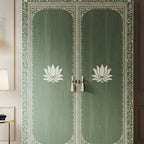 SpaceWoven Vintage Green Painted Wooden Armoire with Lotus Motif | Luxury Handmade Wardrobe