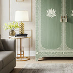 SpaceWoven Vintage Green Painted Wooden Armoire with Lotus Motif | Luxury Handmade Wardrobe