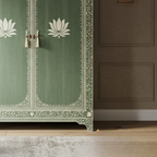 SpaceWoven Vintage Green Painted Wooden Armoire with Lotus Motif | Luxury Handmade Wardrobe
