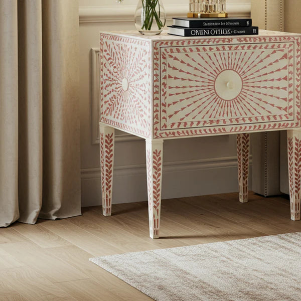 Sideva Vintage-Inspired Pink and White Patterned Wooden Nightstand