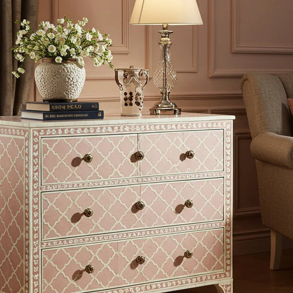 Woodoryn Vintage-Inspired Pink Patterned Chest of Drawers