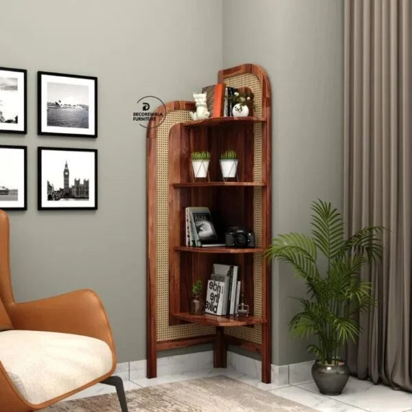 Sheesham Wood and Cane Corner Bookshelf
