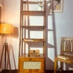 Staircase bookshelf with Rattan mesh door