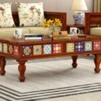 Boho Sheesham Wood Coffee Table with Ceramic Tiles