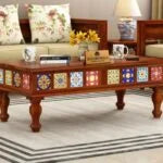 Boho Sheesham Wood Coffee Table with Ceramic Tiles