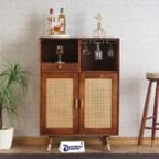 Boston Solid Wood Rattan Cane Bar Cabinet with Glass Holder Storage
