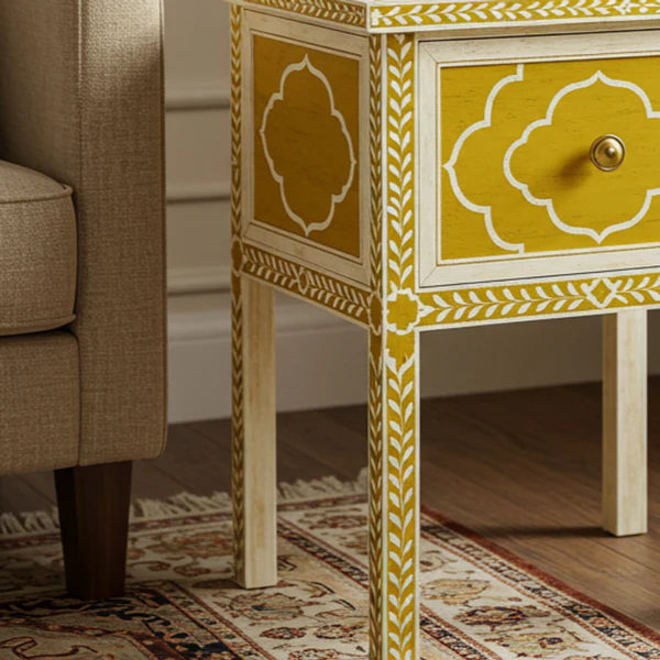 Sideva Yellow Hand-Painted Wooden Side Table with Drawer
