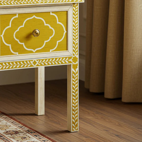 Sideva Yellow Hand-Painted Wooden Side Table with Drawer