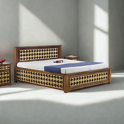 Solid Wood Brass Bed A with Storage