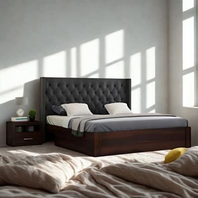 Drewno Sheesham Wood Upholstered Bed With Storage